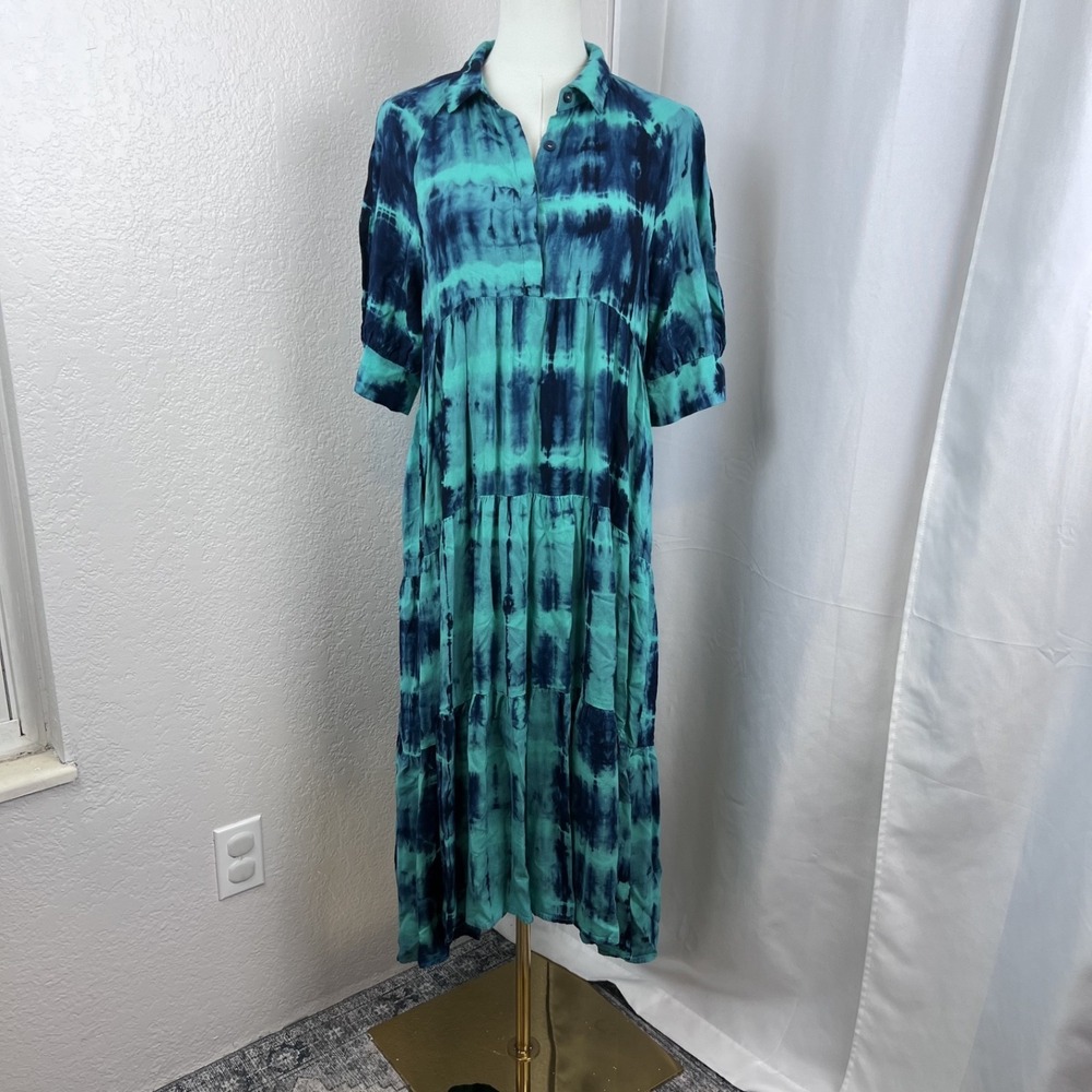 Natural Life Midi Dress Womens Small Blue Tie Dye Tiered Boho Festival Hippie